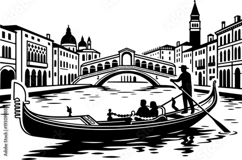 Venice Gondola on Canal Vector Illustration, Black and White Italy Travel Art
