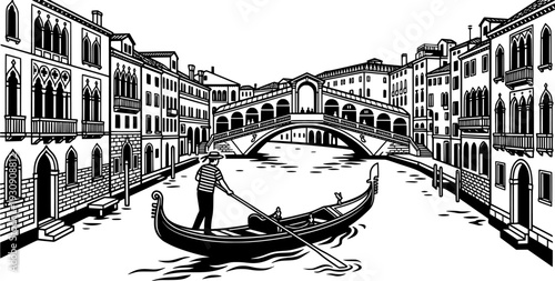 Venice Gondola on Canal Vector Illustration, Black and White Italy Travel Art
