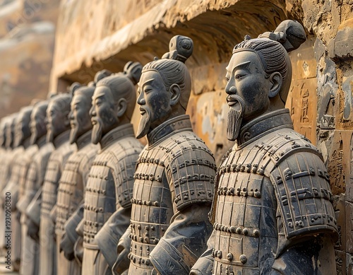 Row of terracotta soldiers stand guard, detailed armor and faces, aged stone wall background