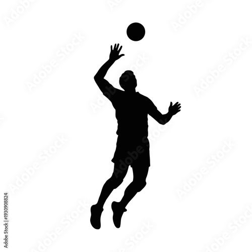 Silhouette of a person jumping to reach a ball in mid air during sports action and athletic movement.