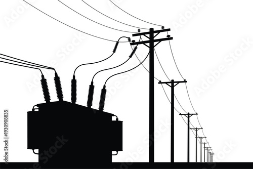 Black and white of a transformer and power lines on utility poles electricity