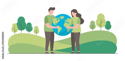 Two people holding the Earth together, symbolizing environmental protection and global responsibility for a sustainable future.