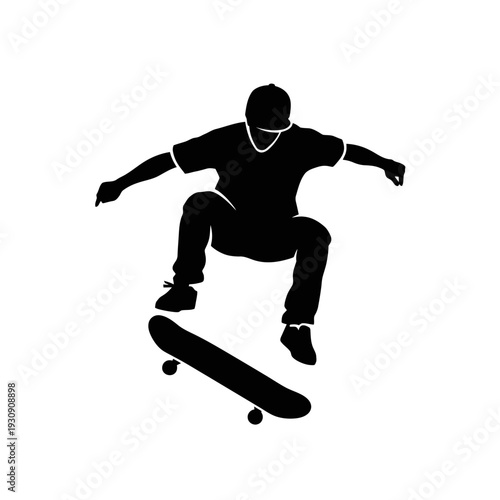 Silhouette of a Skater Performing an Aerial Trick in Street Urban Scene.