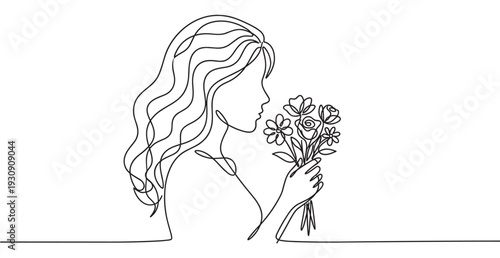 Woman holding a beautiful bouquet of flowers in a continuous line art drawing style, expressing elegance and natural beauty.