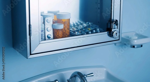 Locked medicine cabinet filled with pills, representing child safety and prevention.