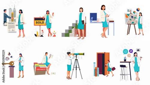 Real Estate Agent Services Illustration Set: A female professional managing property sales, purchases, and client consultations, depicting various stages of the housing market process.