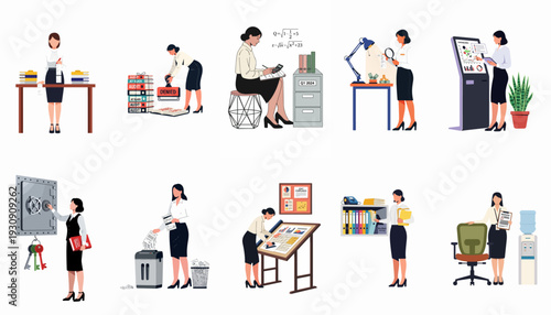 Businesswomen engaged in diverse financial and administrative tasks, including auditing, data analysis, record keeping, and security operations in an office environment.