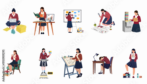 Illustrations of women engaged in economics, business, and research tasks: studying, analyzing data, presenting, organizing, and managing workload.