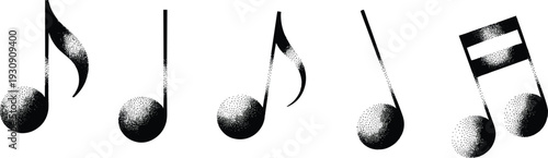 Four black and white musical notes with a striped note on the right music symbols quarter notes