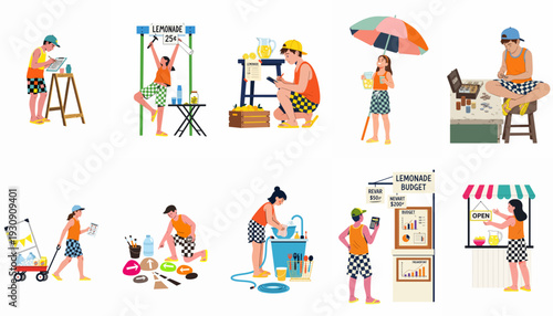 Young entrepreneurs diligently set up and manage their summer lemonade stand, covering everything from planning and preparation to sales, budgeting, and clean-up.