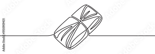 Continuous line drawing of a wrapped gift box with a ribbon, symbolizing celebration, surprise, and special occasions like birthdays or holidays.