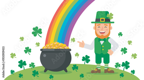 Cheerful cartoon leprechaun points to a pot of gold at the end of a vibrant rainbow, surrounded by lucky shamrocks.