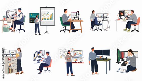 Financial professionals analyzing data, managing investments, and preparing business reports across various modern office and remote work settings.