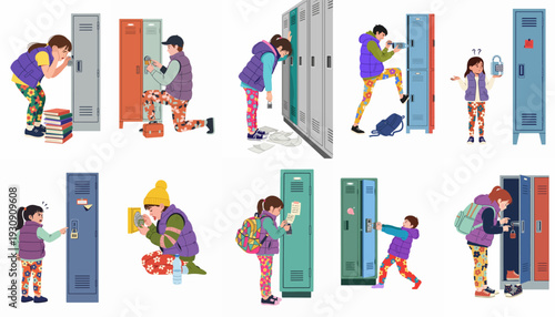 Diverse students face challenges with school lockers, depicting organization, frustration, and problem-solving scenarios in education.