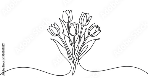Tulips bouquet continuous line drawing art style illustration capturing the elegant simplicity of spring flowers in bloom.