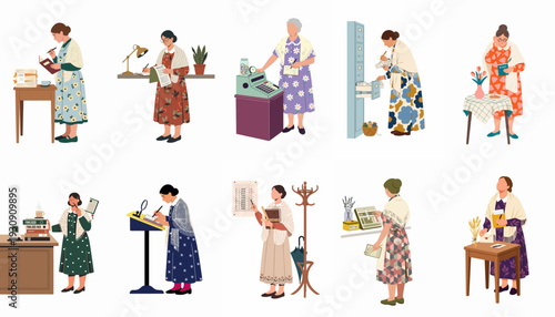 Illustrations of women diligently performing administrative, accounting, and organizational tasks, showcasing classic professional roles and everyday domestic management with a vintage aesthetic.
