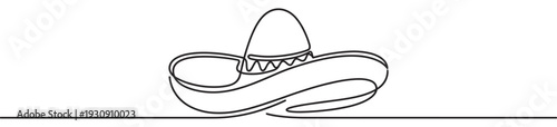 Traditional Mexican sombrero hat is depicted in a continuous line drawing style, representing culture, celebration, and festive events.
