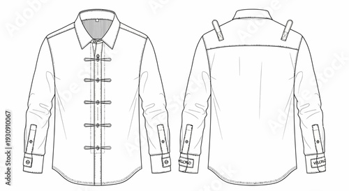 Men's Long Sleeve Shirt with Frog Closures Fashion Technical Flat Sketch Vector Template
