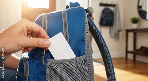 Putting identification card in child's backpack pocket for safety.