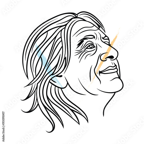 Elegant Continuous Line Art Portrait of a Mature Woman, Minimalist Black and White Illustration for Modern Design and Artistic Projects