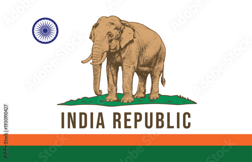 Creative flag of the Republic of India with an elephant. Stylish design in Californian aesthetics.
