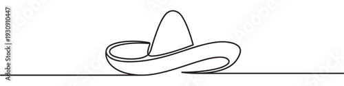 Sombrero hat continuous line drawing representing Mexican culture, traditional festive celebrations, and vibrant heritage in a minimalist style.
