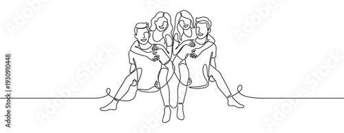 Happy couples enjoying piggyback rides together in a beautiful continuous line art illustration representing friendship and love.