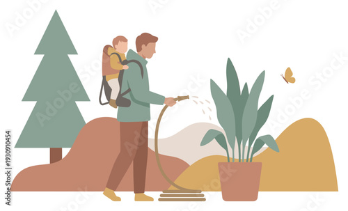 Man carrying baby watering plant with a hose, demonstrating responsible parenting and nurturing nature in a serene outdoor setting.