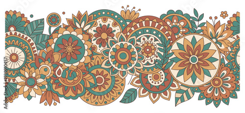 Floral pattern design features intricate bohemian style decorative elements arranged beautifully in a seamless horizontal border with earthy colors and detailed motifs.