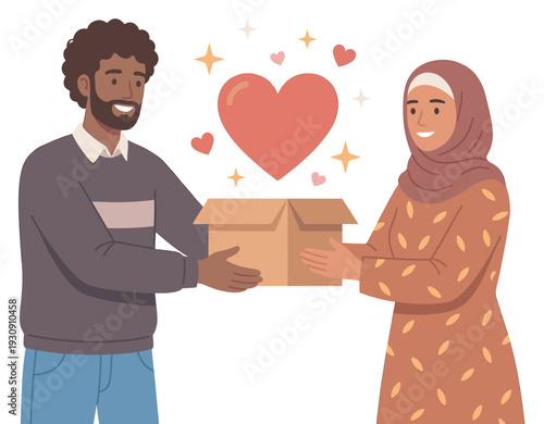 Man and woman giving a box, symbolizing generosity and care with hearts and sparkles indicating love and appreciation.