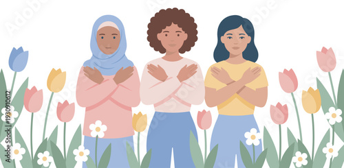 Diverse women standing together with crossed arms symbolizing solidarity and empowerment amidst blooming spring flowers.