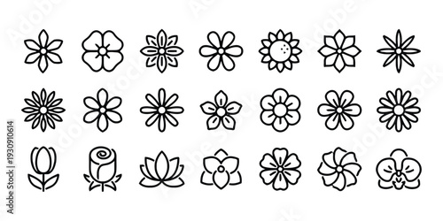 Collection of simple outline flower icons representing different floral species