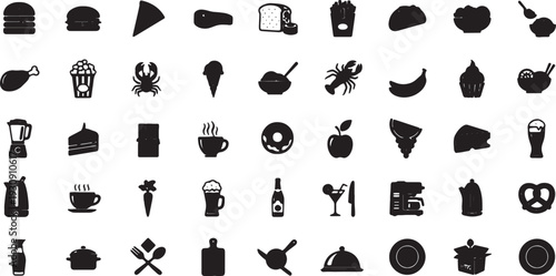 Food and Drink Icons Set Black and White Vector Graphic Isolated