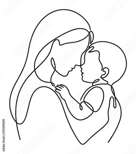 Mother and baby share a tender moment of pure love and connection in a beautiful continuous line art illustration.
