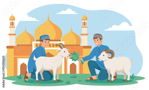 Two Muslim men with a goat and sheep prepare for the joyous Eid al-Adha festival, symbolizing sacrifice and devotion.
