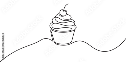 Delicious cupcake with cherry on top, a continuous line art illustration representing a sweet treat with modern simplicity and elegance.