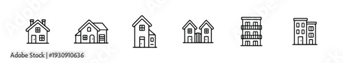 Collection of simple outline icons representing different types of houses and residential buildings