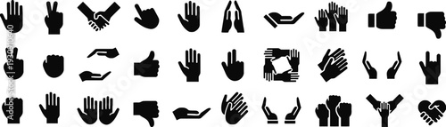 Collection of solid black hand gesture icons for diverse human interaction and communication