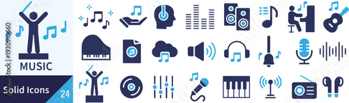 Collection of solid icons related to music and audio, including instruments, sound equipment and musical notes