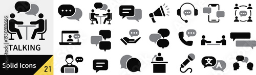 Collection of solid icons representing communication and talking, conversation and discussion topics