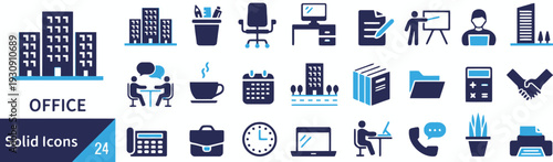 Collection of solid office icons representing business and professional activities for modern workspaces
