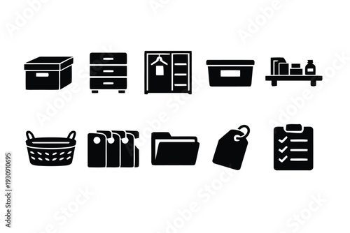 Collection of storage and organization icons featuring boxes, drawers, wardrobe, basket, folder, and tags