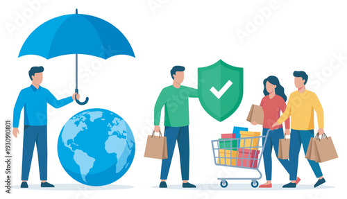 People illustrating global protection, consumer security, and safe shopping experiences using various symbolic elements.
