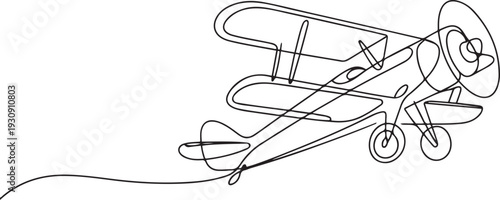 Continuous line drawing of jet plane . Flight biplane Tandem wing. The symbol of take-off in the sky. one line Icon drawing
