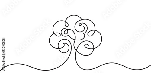 Minimalist continuous line art drawing of a tree with a swirling canopy symbolizing growth and natural elegance.