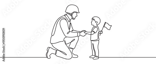 Soldier and child holding hands with flag in a continuous line art illustration symbolizing military family reunion.
