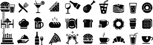 Collection of various food and drink icons in black silhouette style