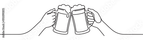 Hands clinking beer mugs together in a minimalist continuous line art drawing style representing friendship and celebration.