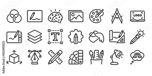 Creative process icons and graphic design tools on white background