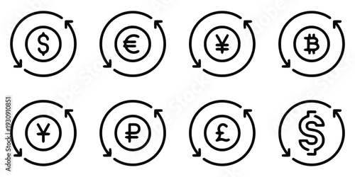 Currency exchange icons, money and finance, dollar and euro, yen and bitcoin, ruble and pound